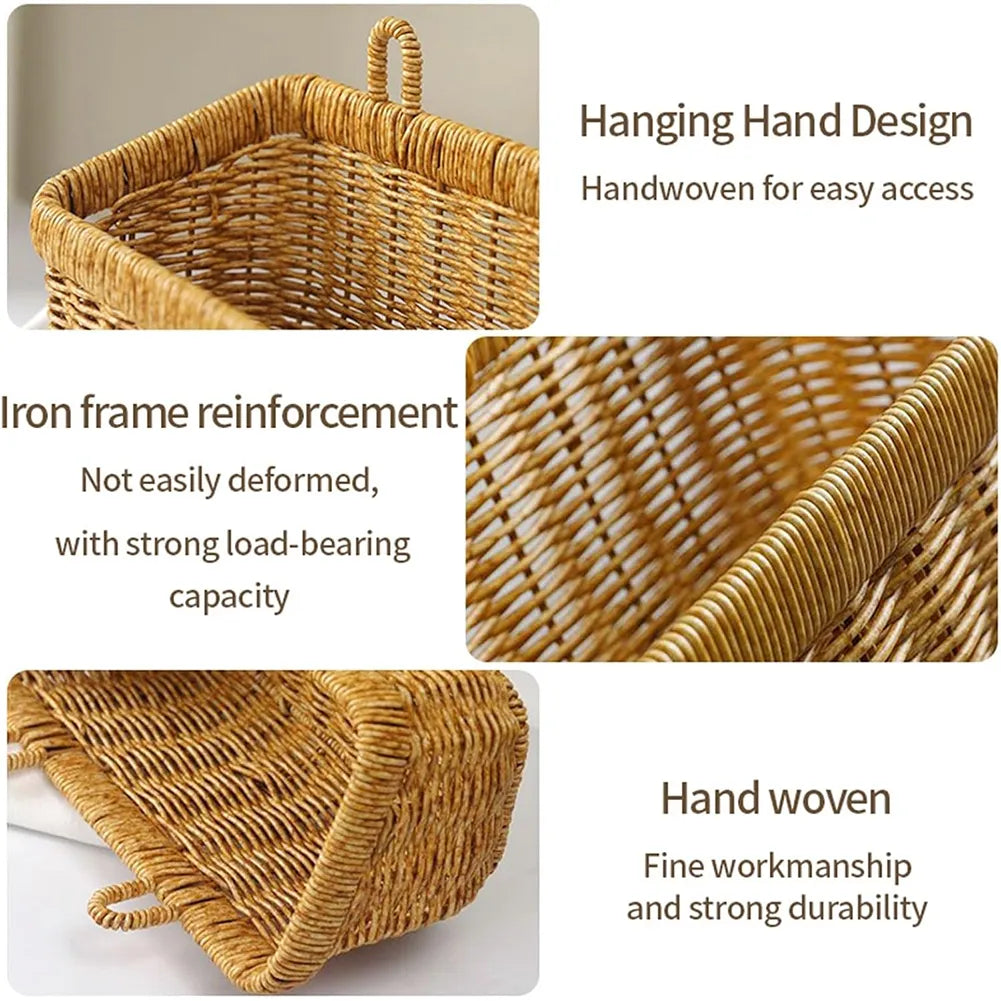 🌿 Bohemian Wall-Mounted Storage Basket – Imitation Rattan Design