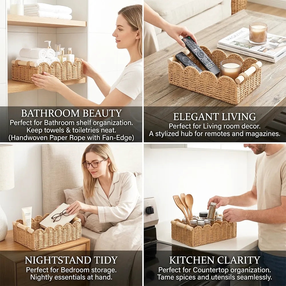 🌿Scalloped Wicker Storage Basket Set – Decorative Toilet Paper & Shelf Organizer