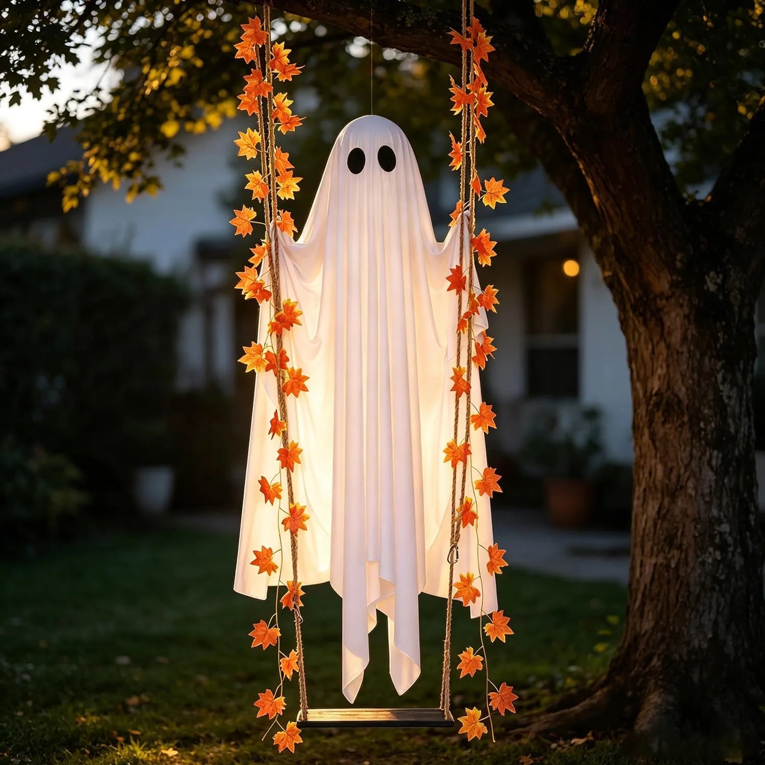 Light-Up Swinging Ghost with Maple Leaves & Remote-Controlled LED