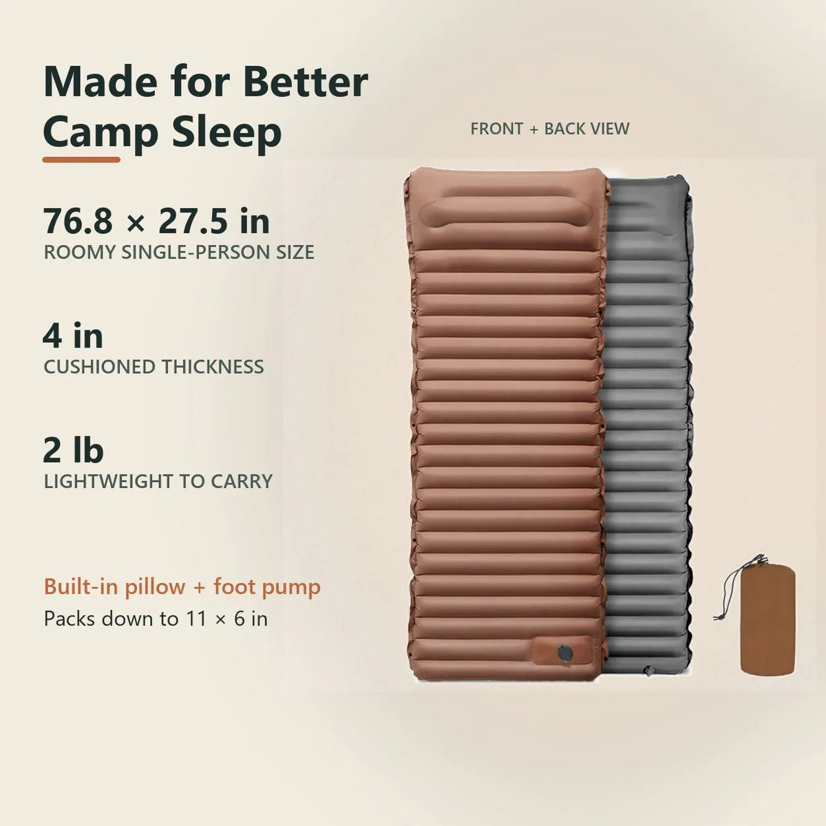 Ultralight 4-Inch Camping Mattress with Built-In Foot Pump