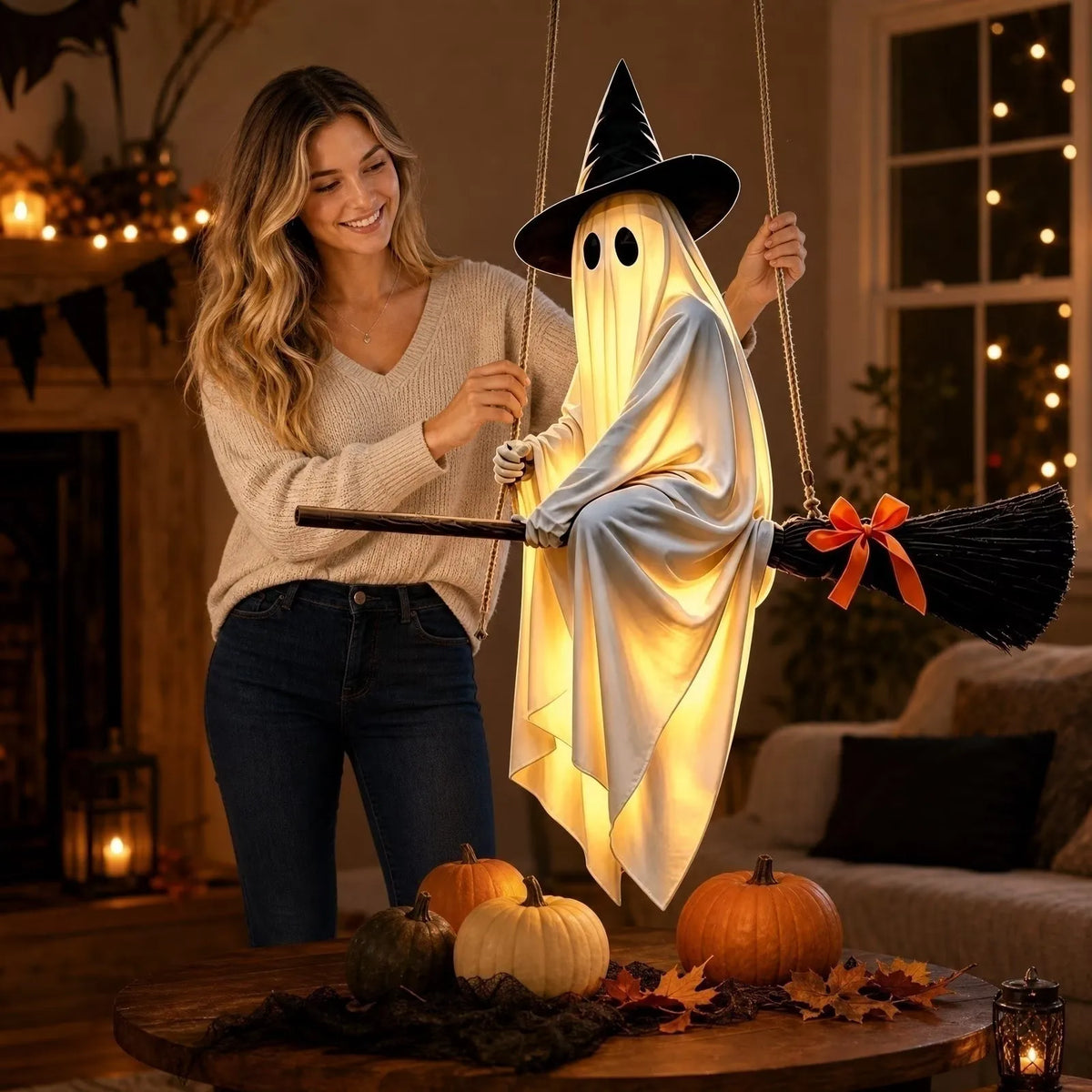 Light-Up Flying Broom Ghost Halloween Decoration