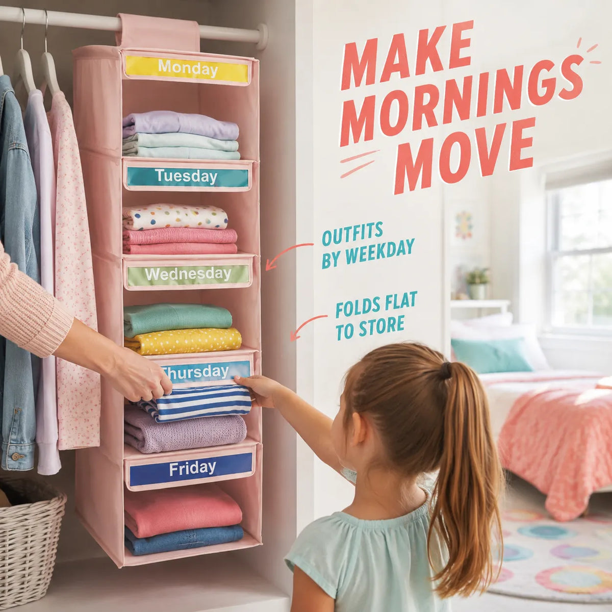 Child selecting a weekday outfit from a pink five-tier hanging organizer