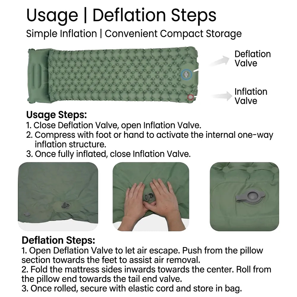 🏕️ Ultralight Self-Inflating Camping Sleeping Pad – Built-in Pump & Pillow