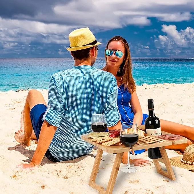 🍷 Portable Bamboo Picnic Table with Wine Glass Holders