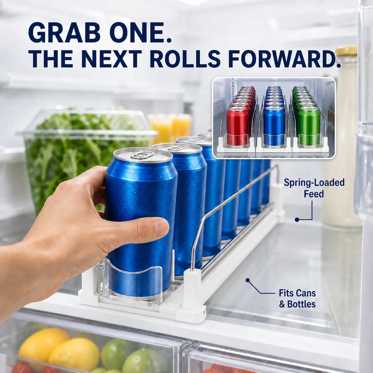 Spring-Loaded Refrigerator Drink Organizer