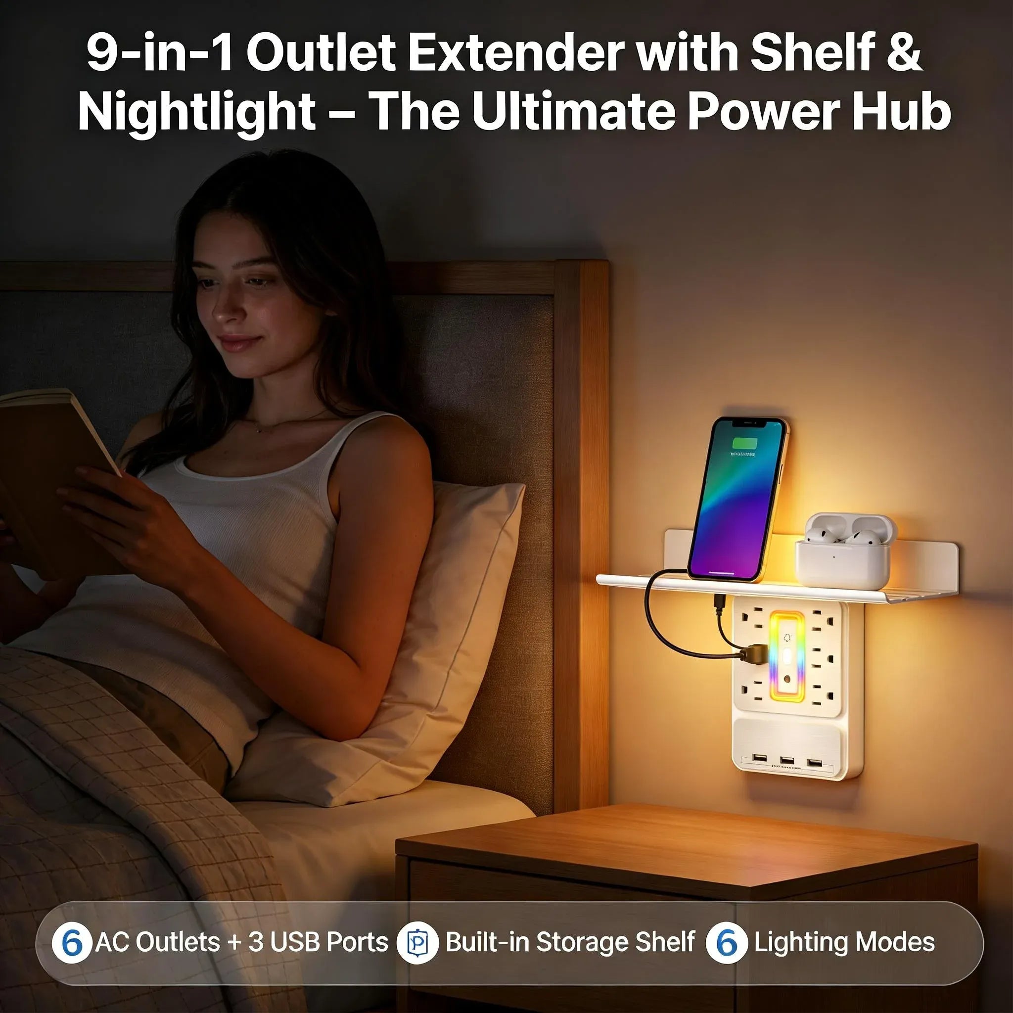 9-in-1 Outlet Extender with Shelf & Nightlight – The Ultimate Power Hub for Any Room 🔌✨