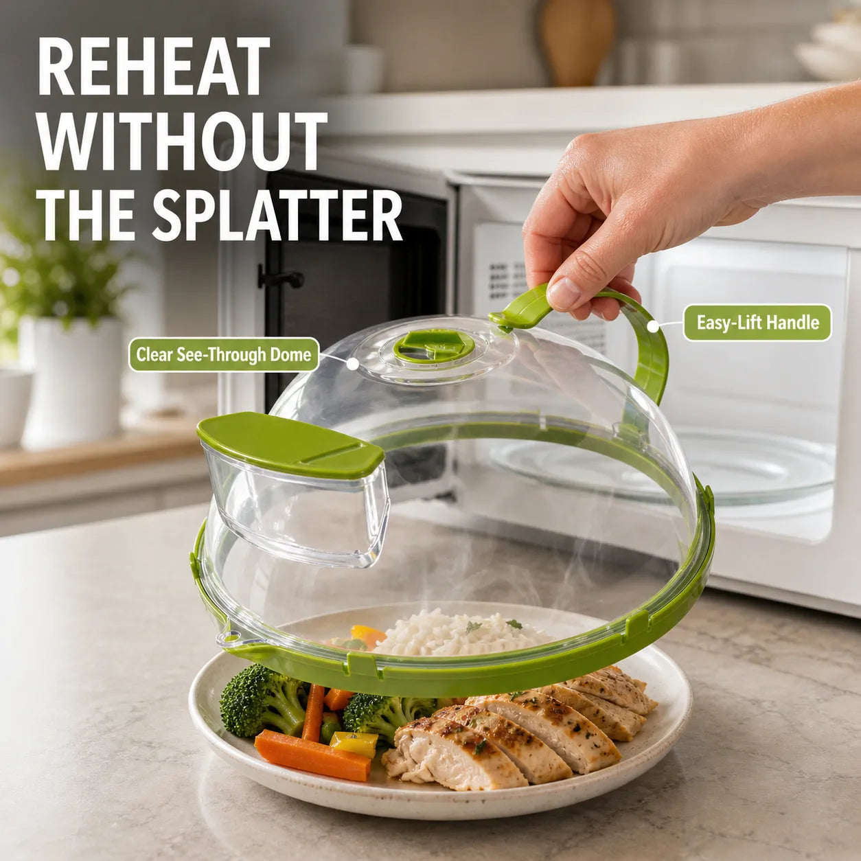Steam-Control Microwave Splatter Cover with Water Reservoir