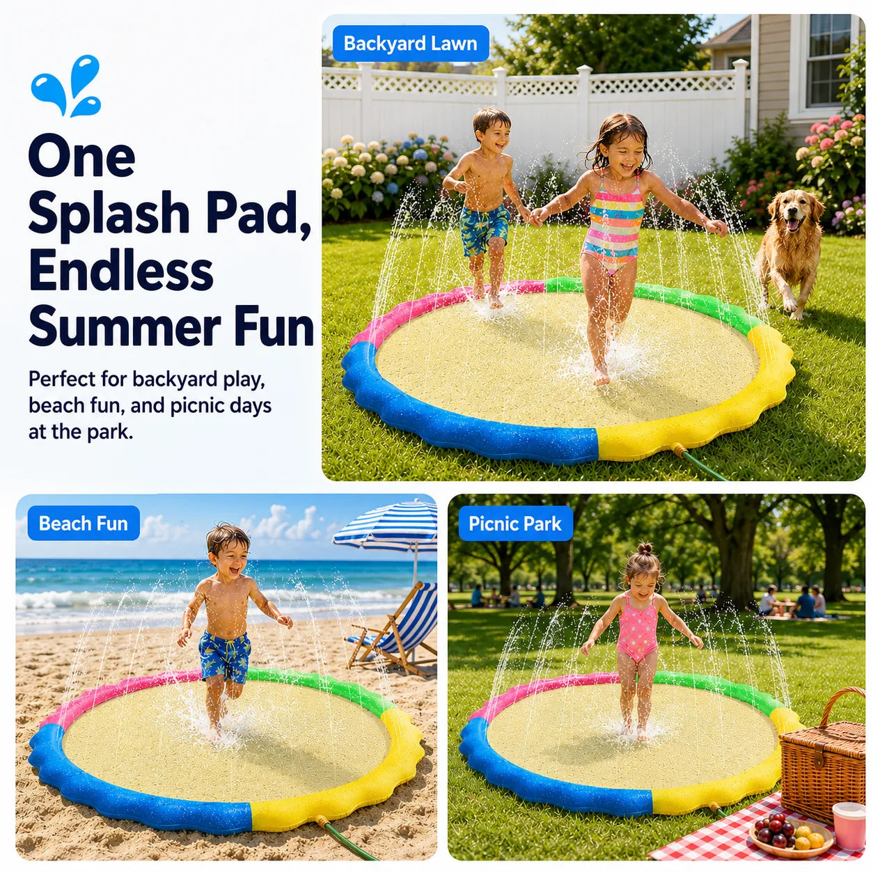 💦 67‘’ Non‑Slip Splash Pad for Kids & Dogs