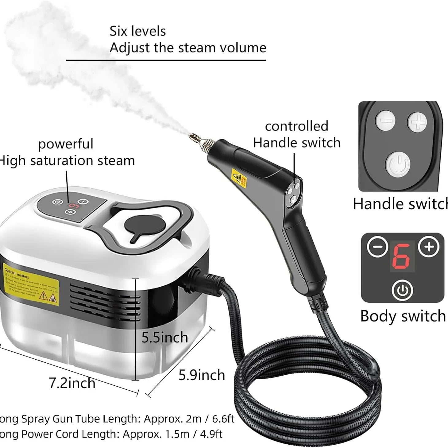 Steam cleaner dimensions, hose reach, cord reach, and six-level control details