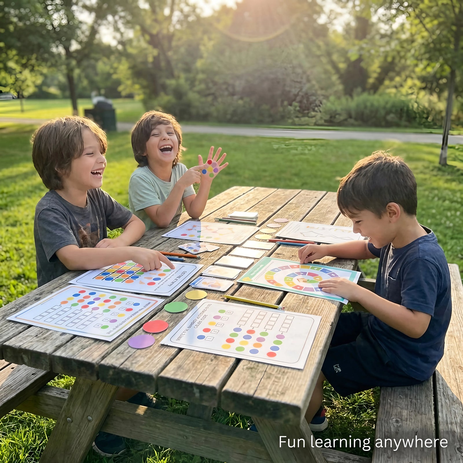 Children enjoying printed learning activities together outdoors