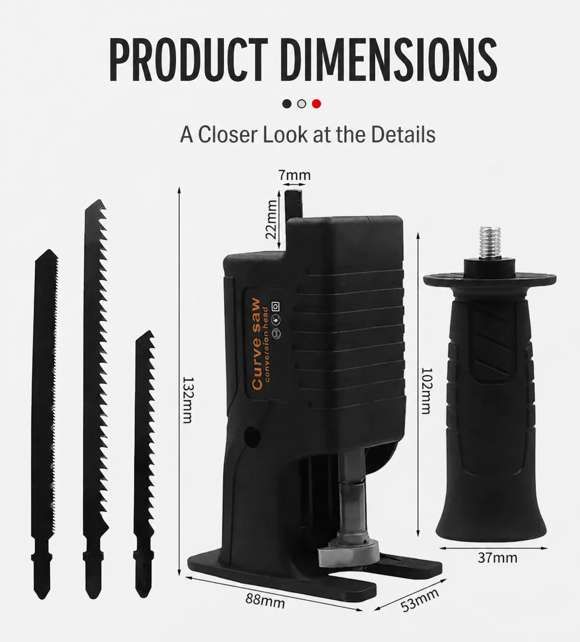 Dimension diagram of the drill jigsaw adapter, auxiliary handle, and three blades