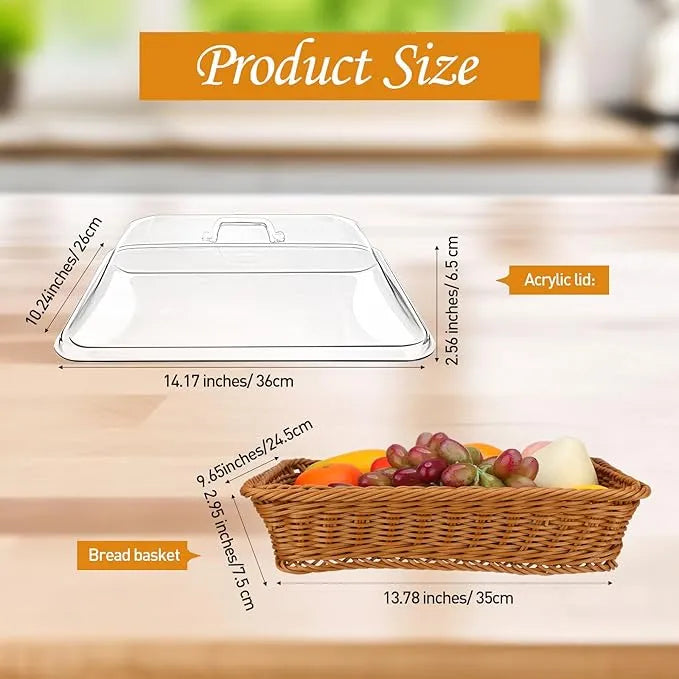 🍞 Large Handwoven Rattan-Style Bread Basket with Clear Acrylic Lid