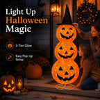 3-Tier Lighted Pumpkin Lantern Stack with Witch Hat