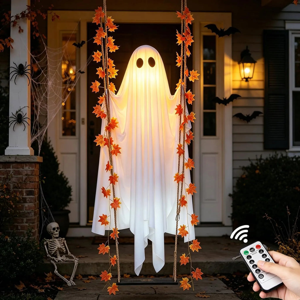 Light-Up Swinging Ghost with Maple Leaves & Remote-Controlled LED