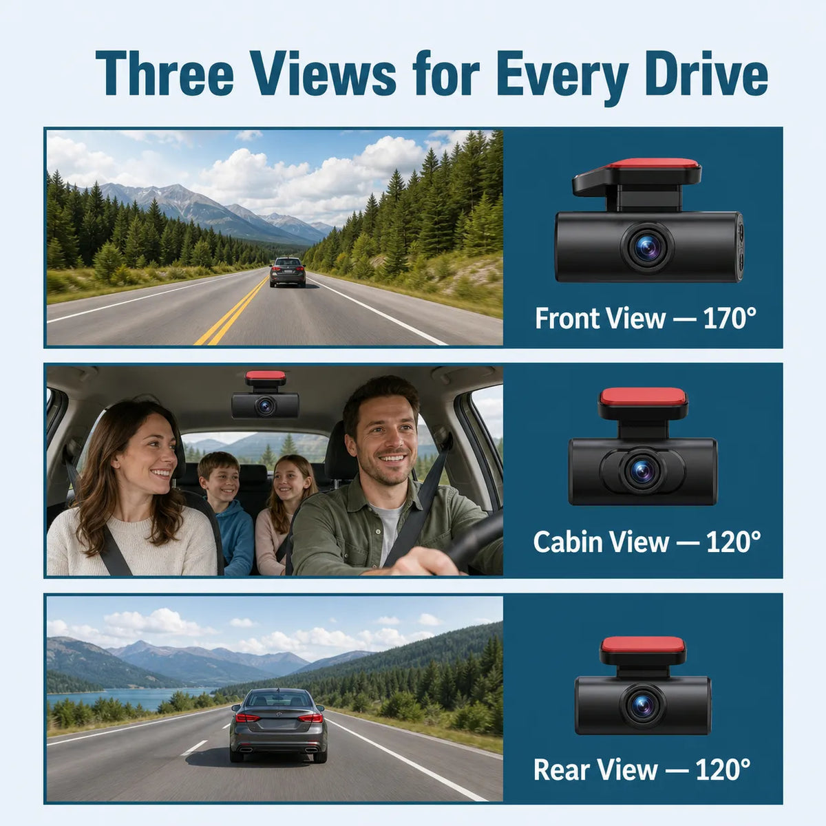 Three-Channel 1080P WiFi Dash Cam with Front, Cabin & Rear Recording