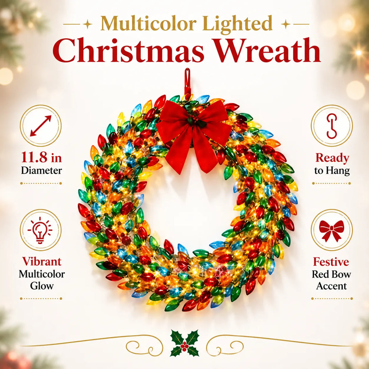 Multicolor lighted Christmas wreath with size and hanging details