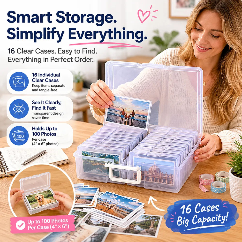 📸Portable Photo Organizer & Craft Storage Box with 16 Clear Cases