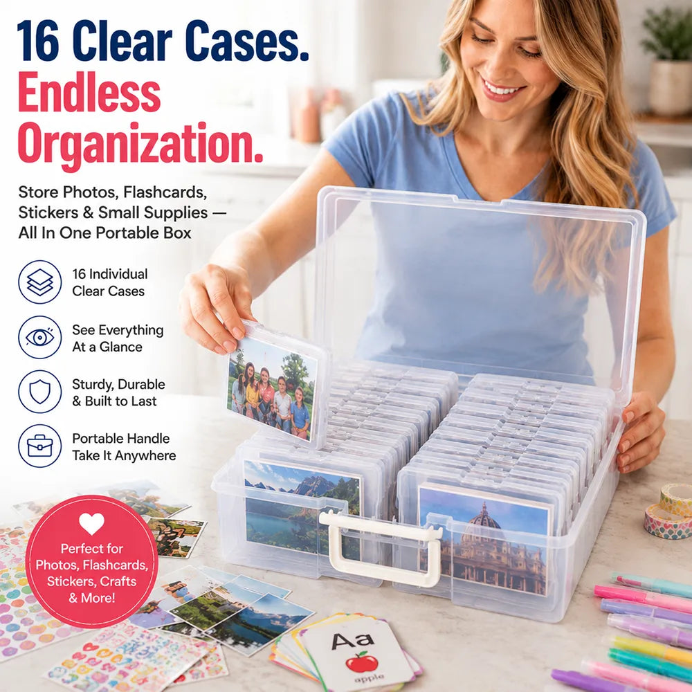 📸Portable Photo Organizer & Craft Storage Box with 16 Clear Cases