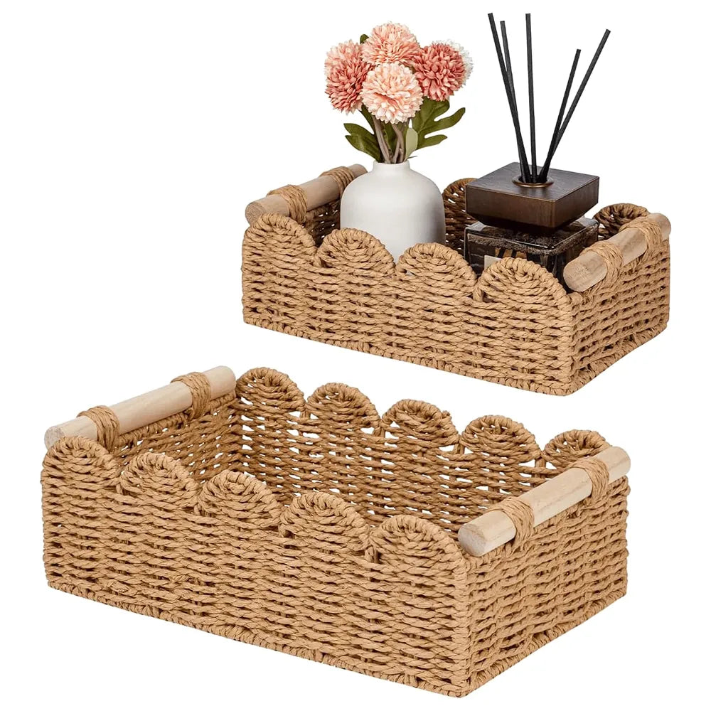 🌿Scalloped Wicker Storage Basket Set – Decorative Toilet Paper & Shelf Organizer