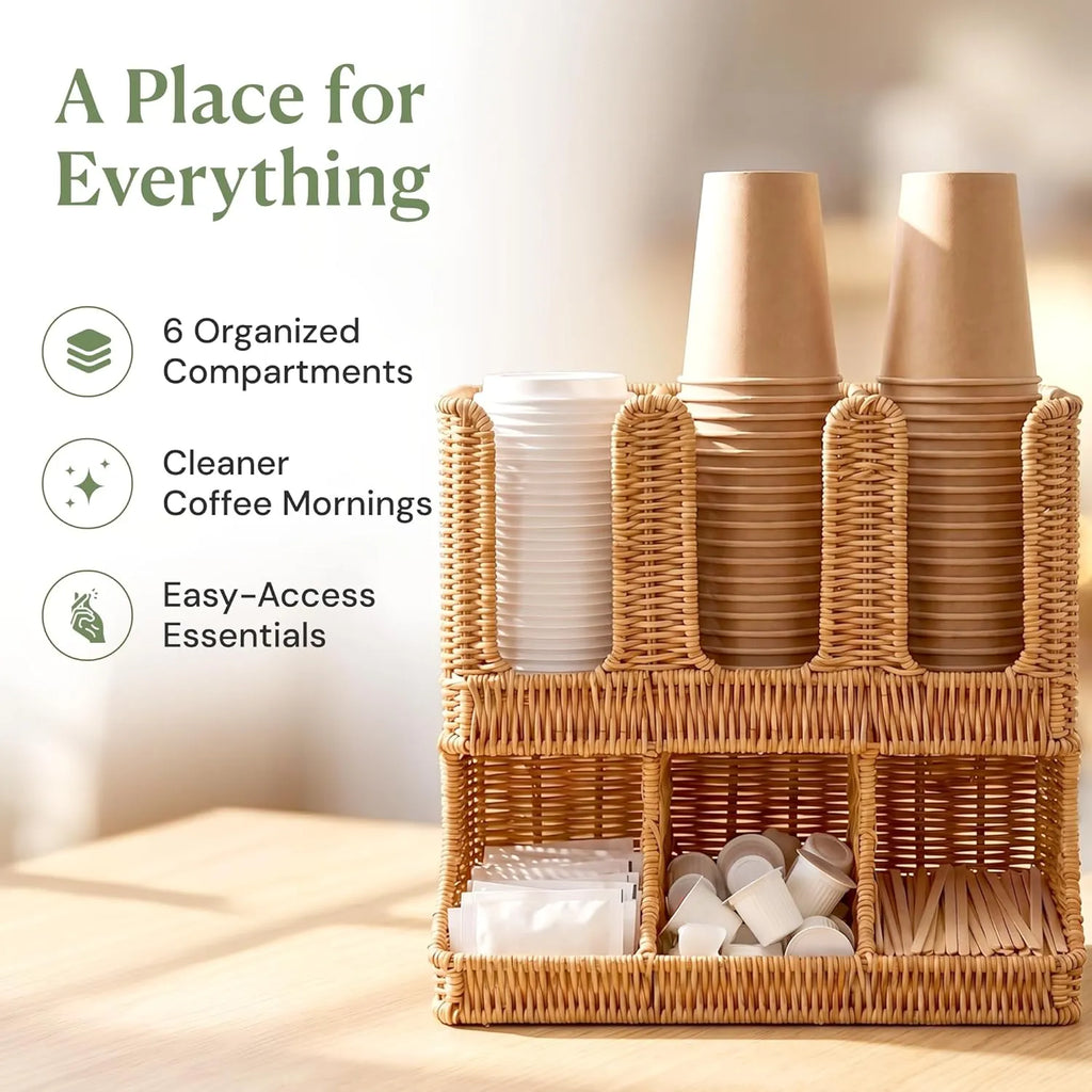 Handwoven Rattan Coffee Cup & Condiment Organizer