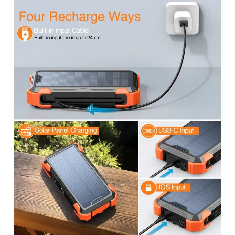 20000mAh Solar Power Bank with Wireless Charging, Dual Flashlights, Laser Pointer & 7-Device Output – Waterproof & Shockproof for Outdoor Use
