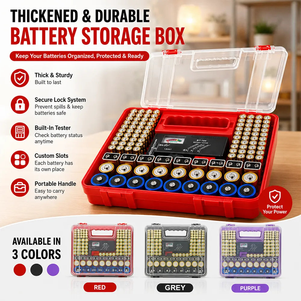 🔋 High-Capacity Battery Storage Box with Built-in Tester