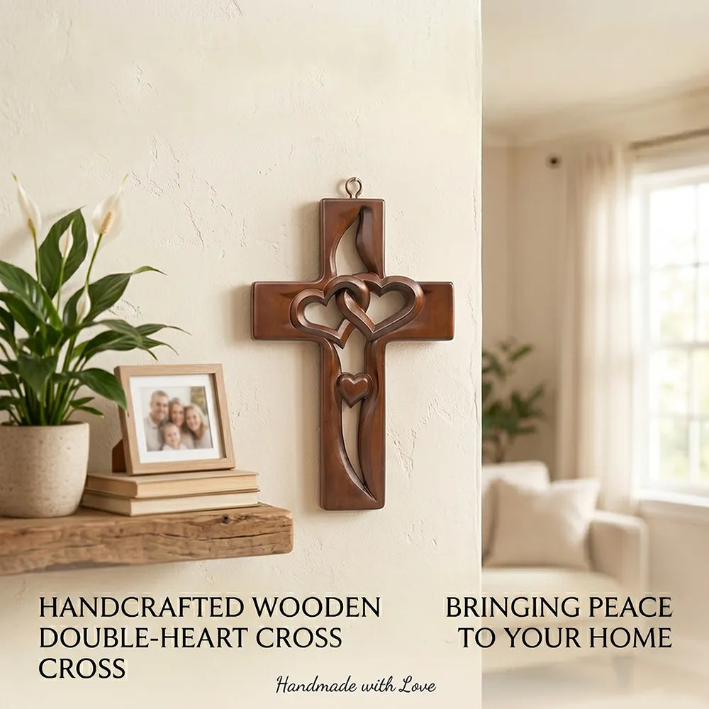✝️ Handmade Wooden Double-Heart Cross Wall Decor