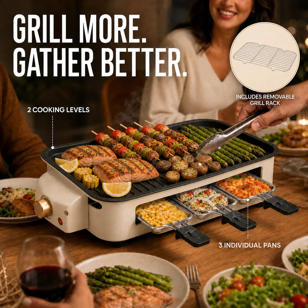 Double-decker electric griddle serving dinner with included removable grill rack shown separately