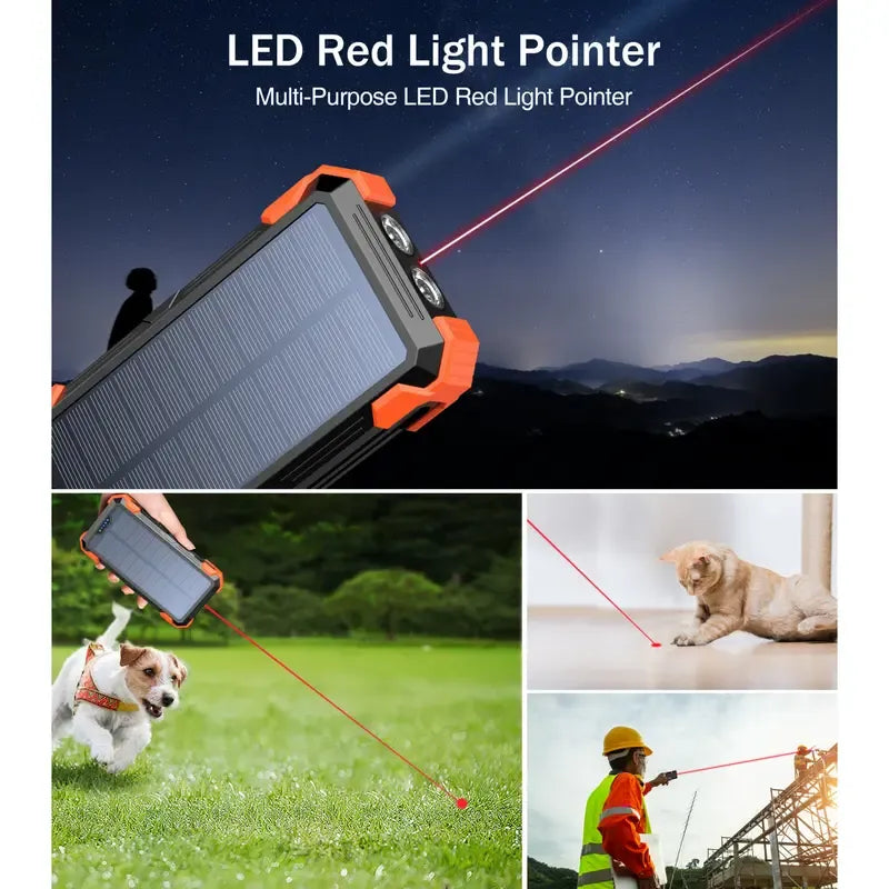 20000mAh Solar Power Bank with Wireless Charging, Dual Flashlights, Laser Pointer & 7-Device Output – Waterproof & Shockproof for Outdoor Use