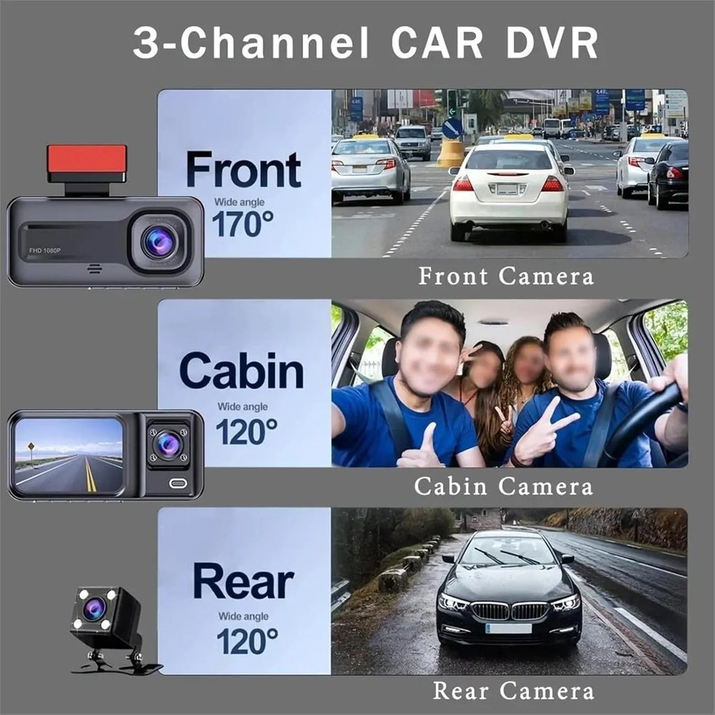 Three-Channel 1080P WiFi Dash Cam with Front, Cabin & Rear Recording