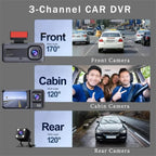 Three-Channel 1080P WiFi Dash Cam with Front, Cabin & Rear Recording