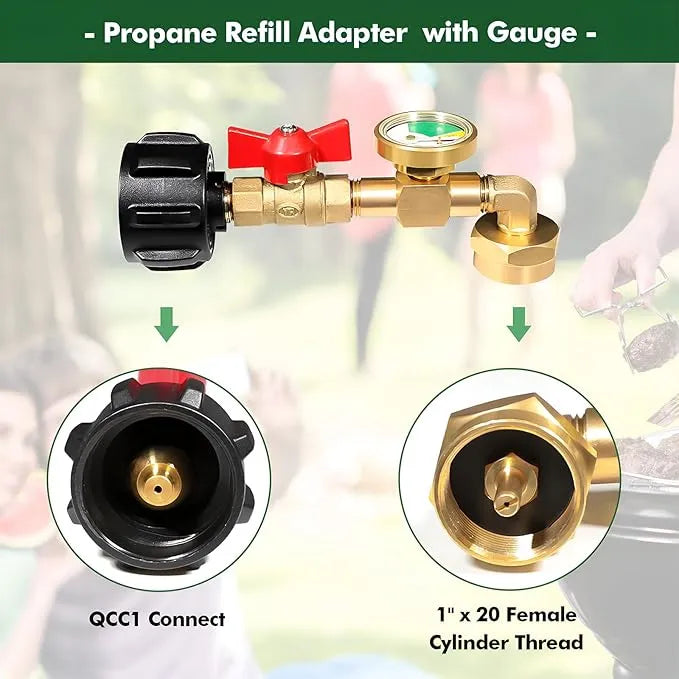 🔧 Propane Refill Adapter with Glow-in-the-Dark Gauge & Shut-Off Valve – QCC1 to 1lb Cylinder Converter for BBQ, Camping, Tailgating & Emergency Use