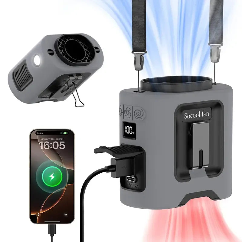 🔥 Stay Cool Anywhere – 5-in-1 Wearable Turbo Fan with Power Bank & LED