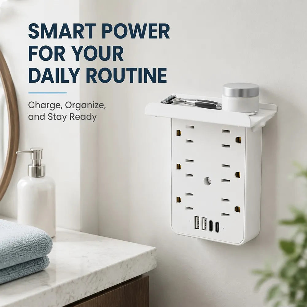 ⚡Multi-Functional Wall Outlet Extender with Shelf – 6 AC Outlets & 4 USB Charging Ports