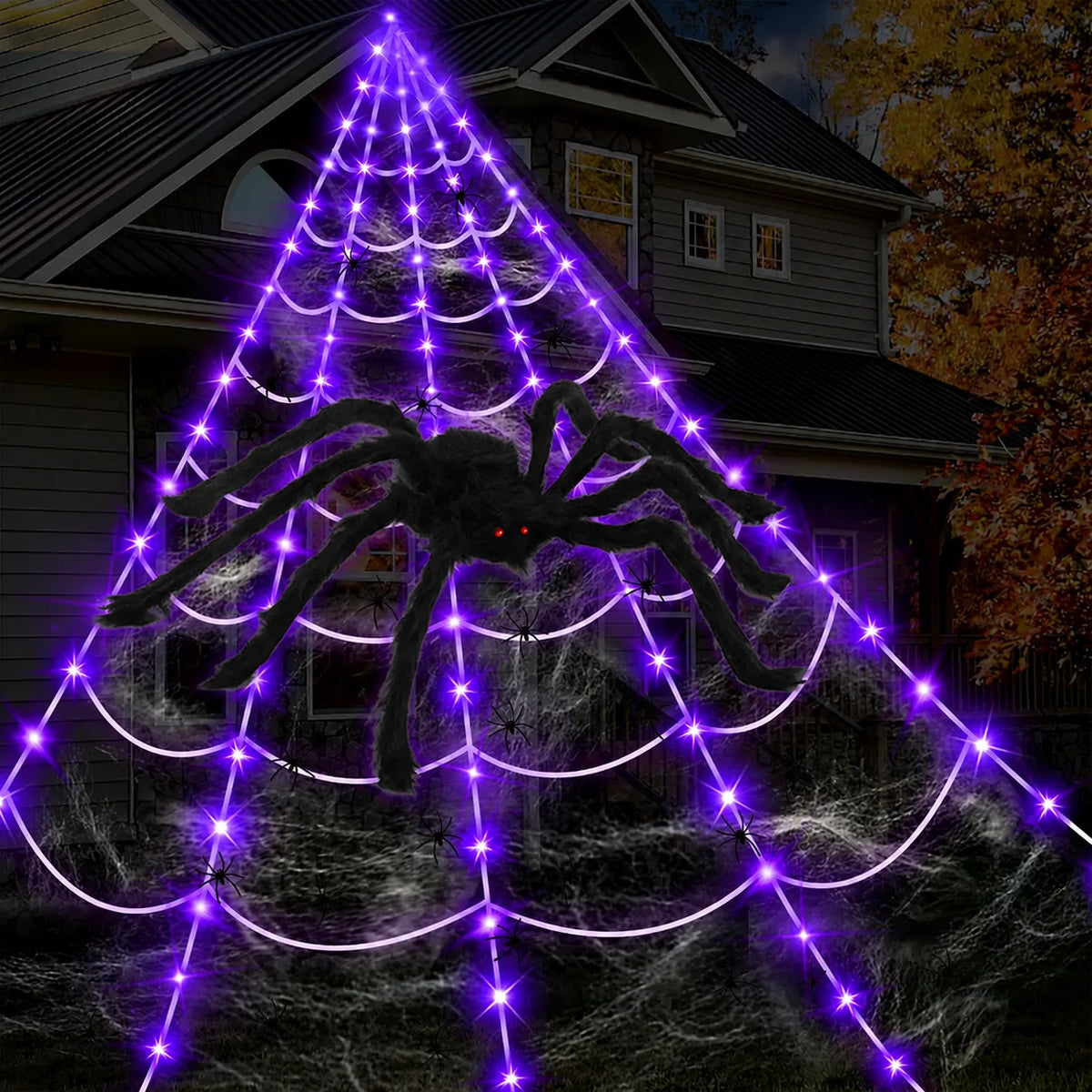 250-LED Purple & Orange Spider Web Lights with Giant Furry Spider