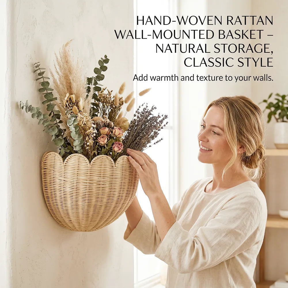 🧺 Handwoven Rattan Wall Basket – Natural Storage, Timeless Style