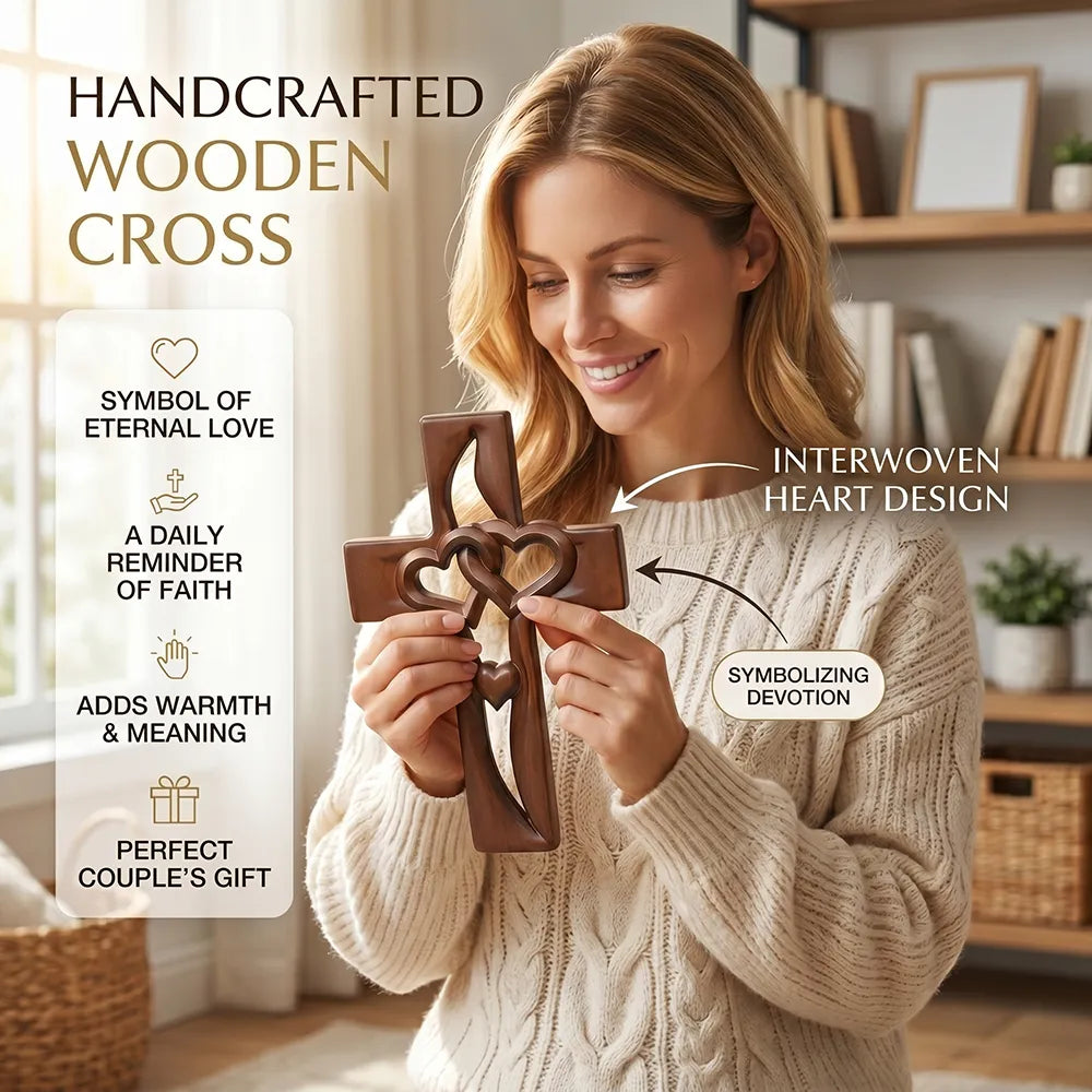 ✝️ Handmade Wooden Double-Heart Cross Wall Decor