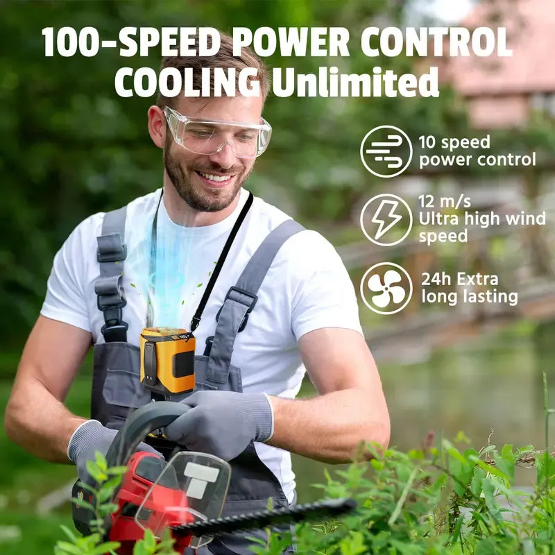 4-in-1 Wearable Waist Fan with Power Bank & LED Light – Hands-Free Cooling for Outdoor Work, Camping & Travel