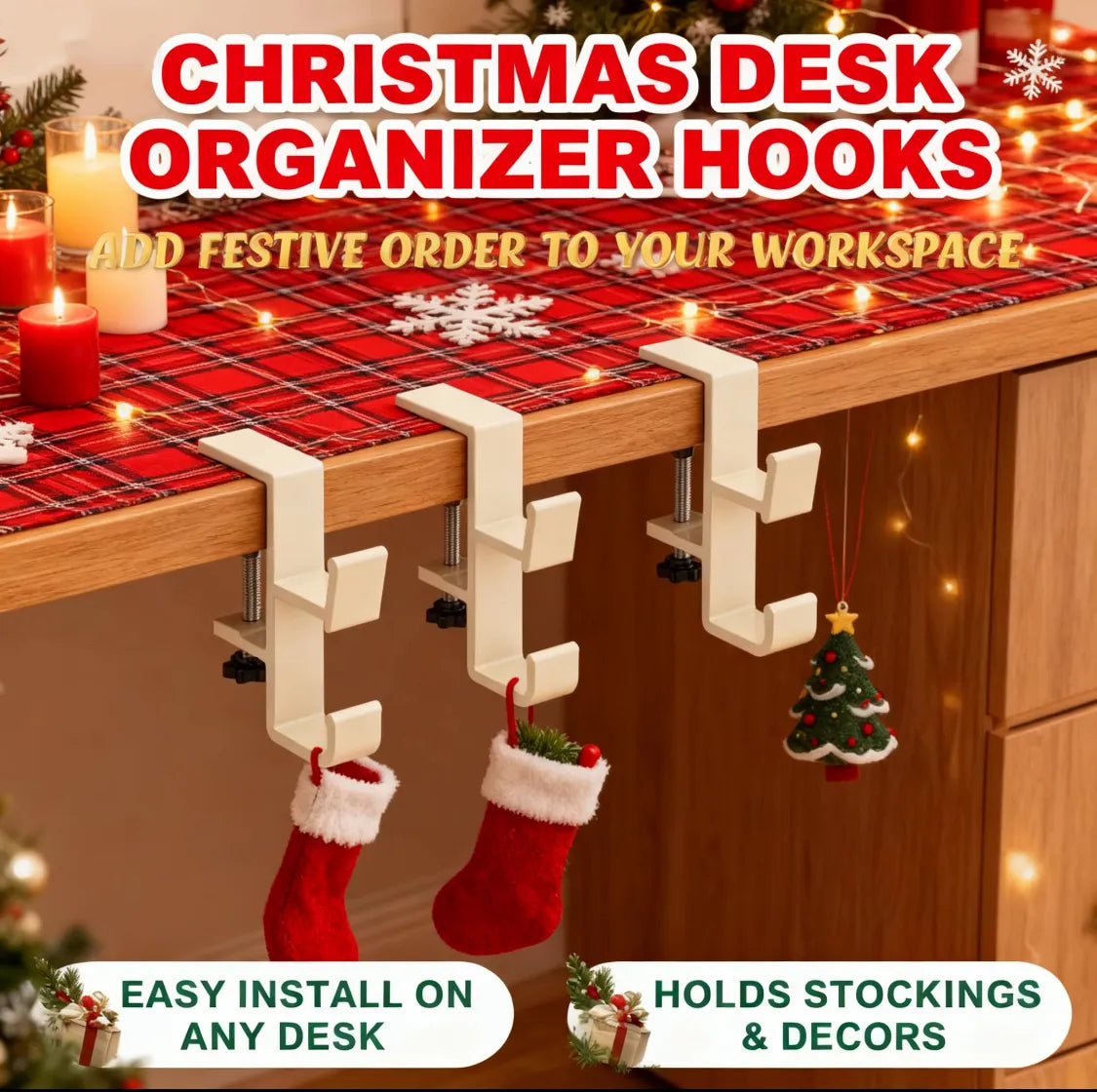 🎄Adjustable Christmas Fireplace Mantel Hooks – Heavy-Duty Stocking & Wreath Hanger Clamps for Holiday Decorations