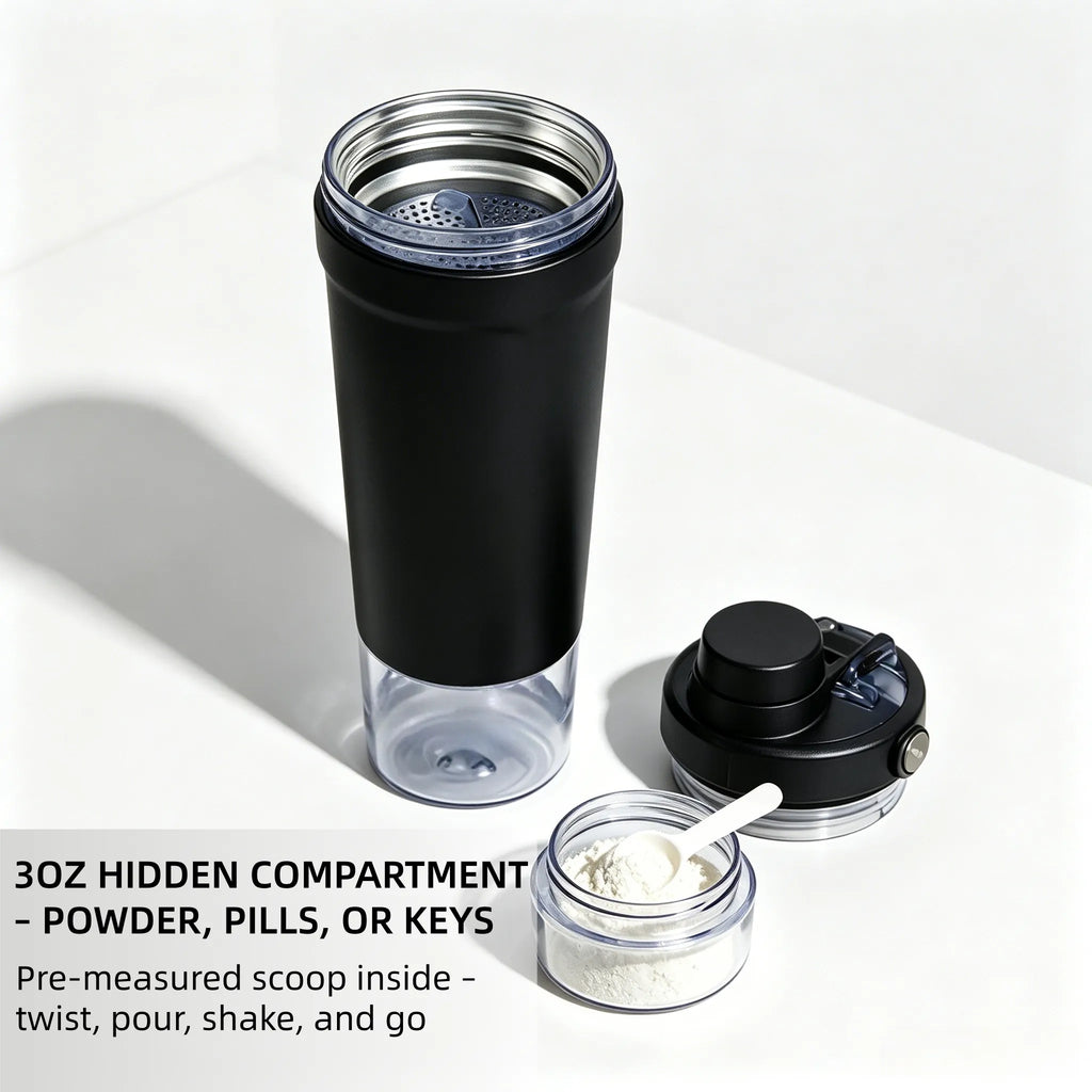 Shaker Cup – Double-insulated, keeps drinks cold for 8 hours – Comes with storage base and removable filter