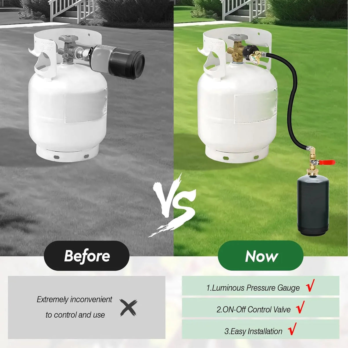 🔧 Propane Refill Adapter with Glow-in-the-Dark Gauge & Shut-Off Valve – QCC1 to 1lb Cylinder Converter for BBQ, Camping, Tailgating & Emergency Use