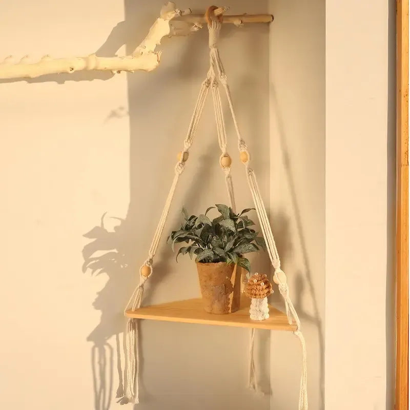 🌿 Boho Wooden Wall Mount Triangle Storage Rack