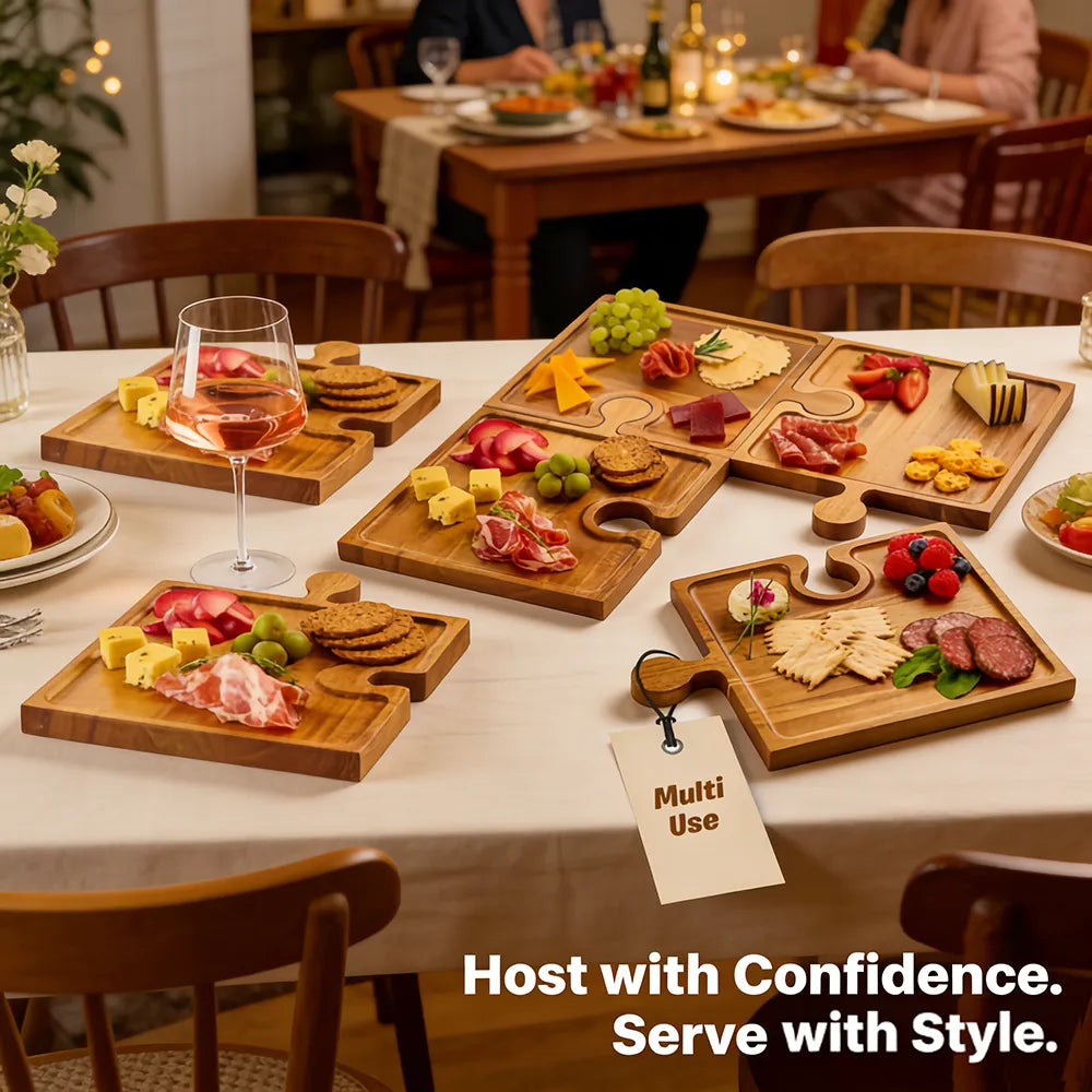 🧩 Acacia Wood Puzzle Charcuterie Board Set