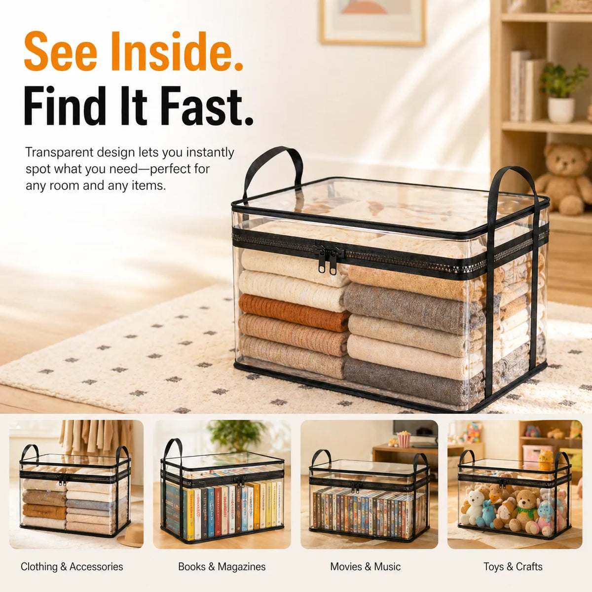 Clear PVC Storage Bins with Handles – 📚for Books, Toys, Media, & Organizing