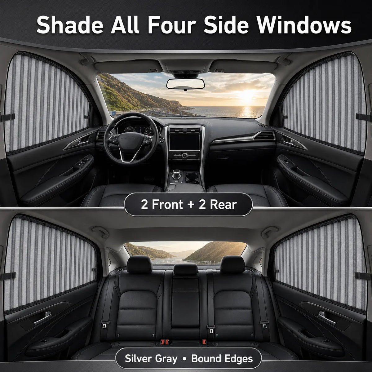 Front and rear views of four silver gray car side-window curtains
