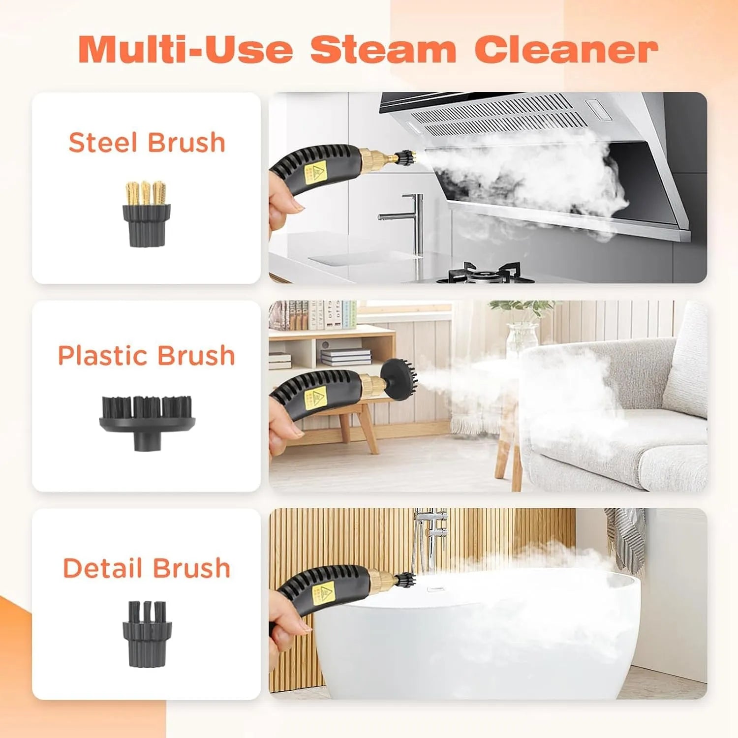 Included steam cleaner attachments shown on different household surfaces