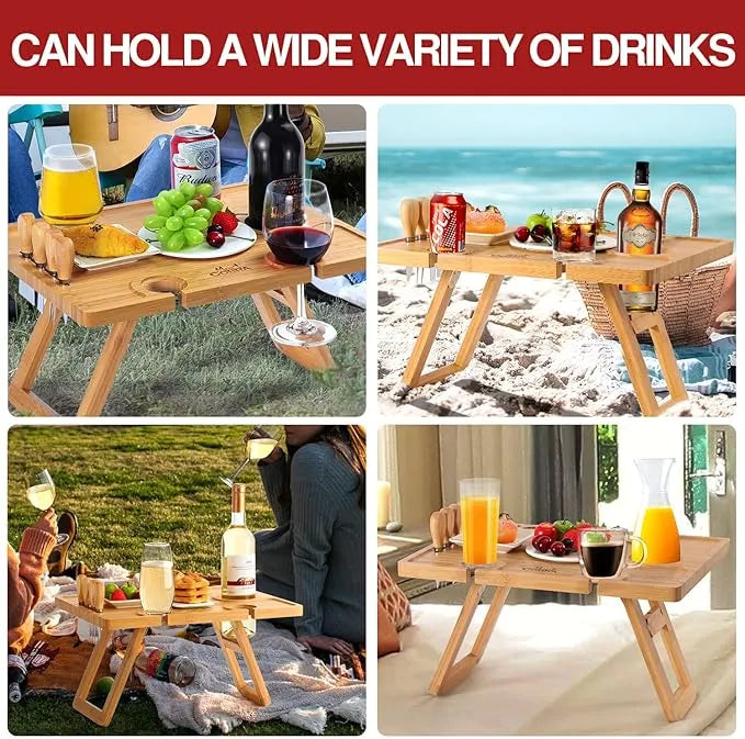 🍷 Portable Bamboo Picnic Table with Wine Glass Holders