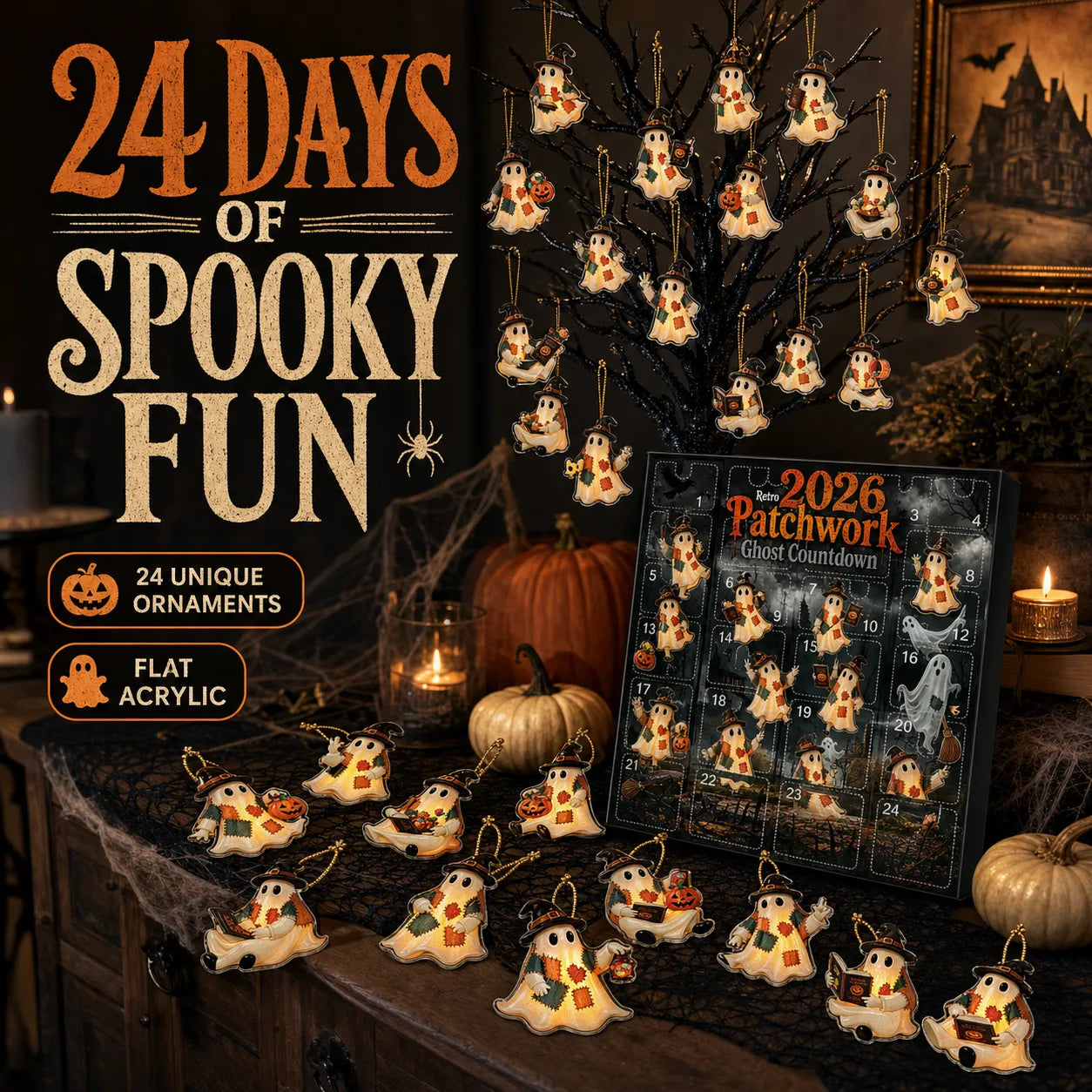 2026 Patchwork Ghost Halloween Advent Calendar – 24 Acrylic Ornaments