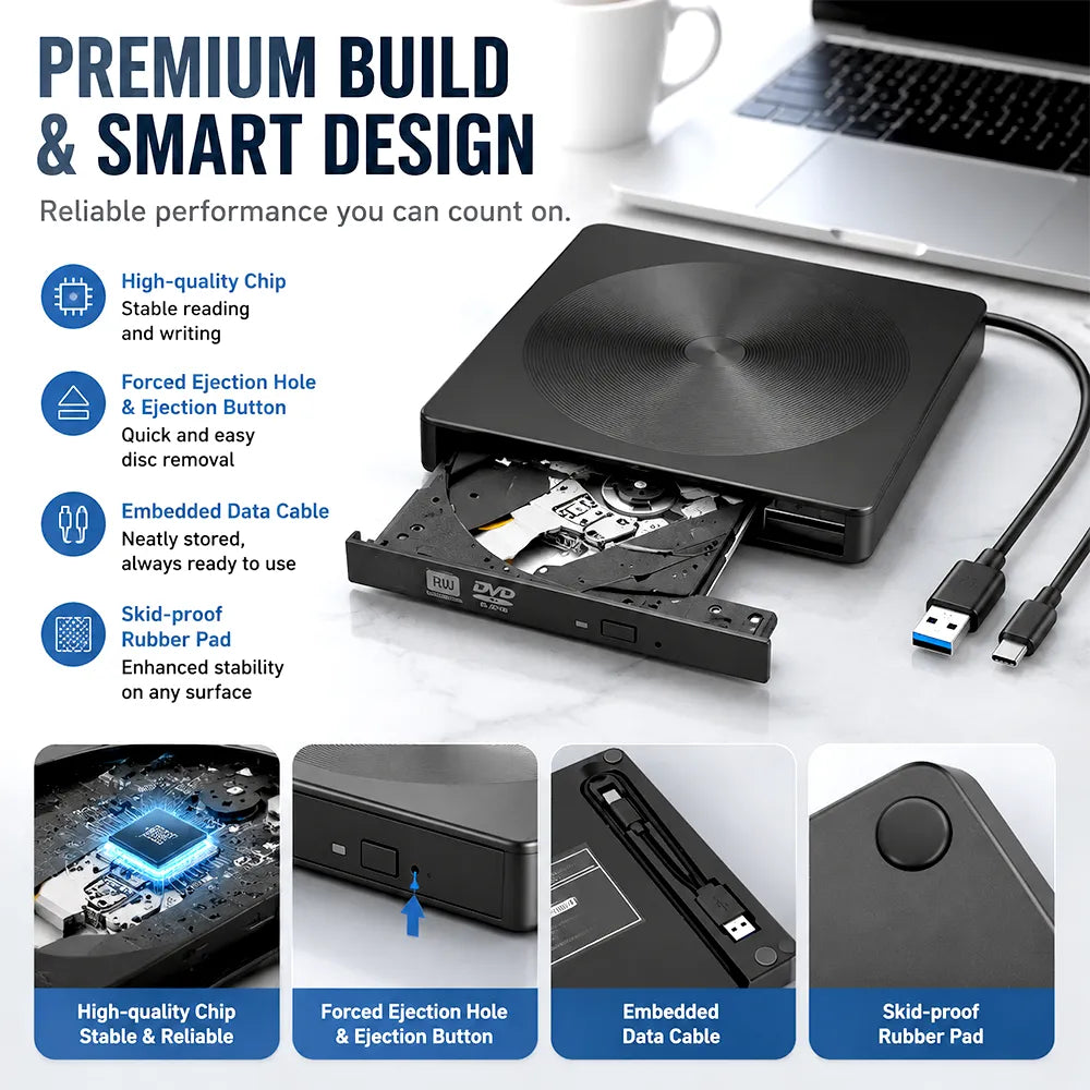 💿 External CD/DVD Drive – USB 3.0 & Type-C Portable Disc Reader/Burner