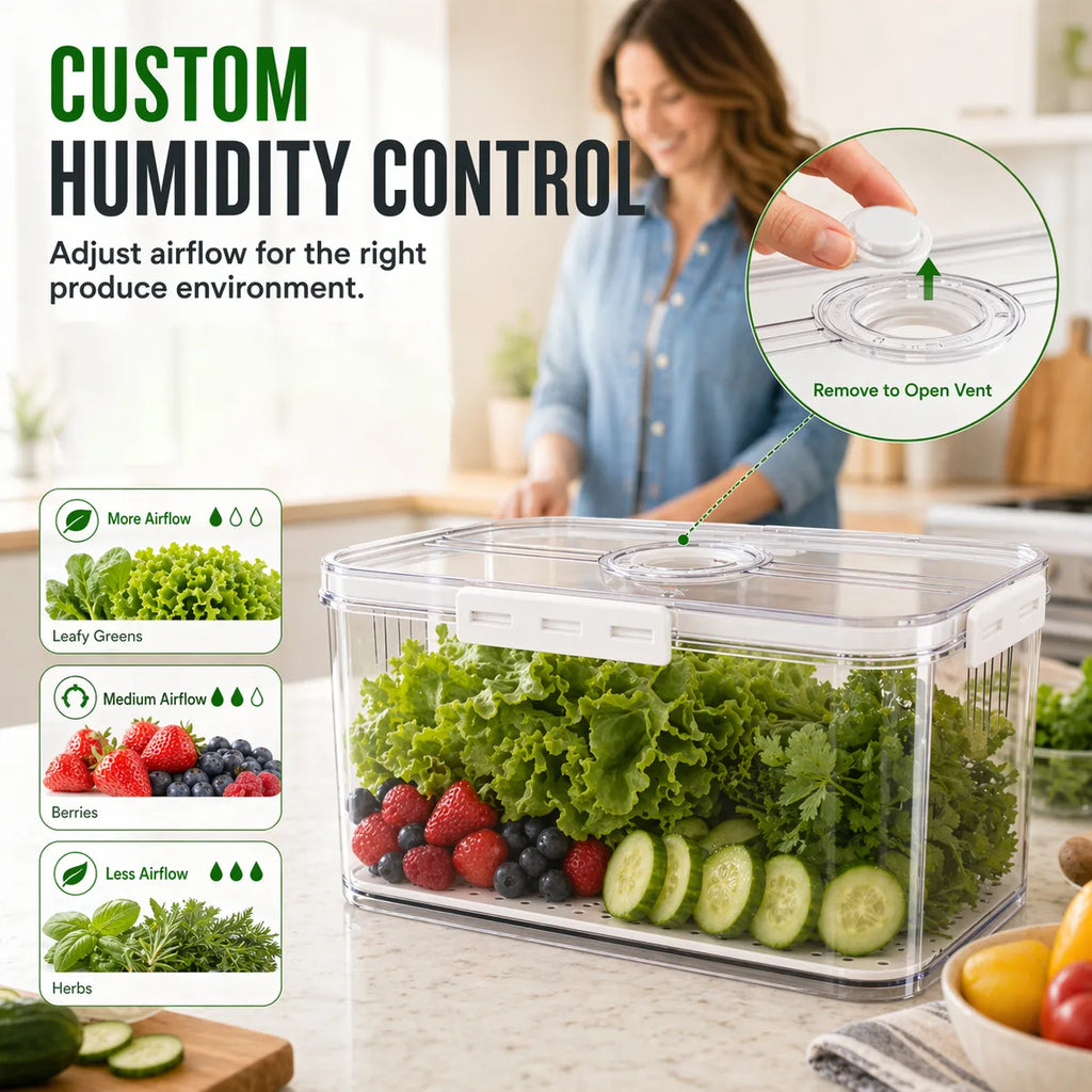 Produce Freshness Containers with Timer & Drainage – BPA-Free Fridge Organizer